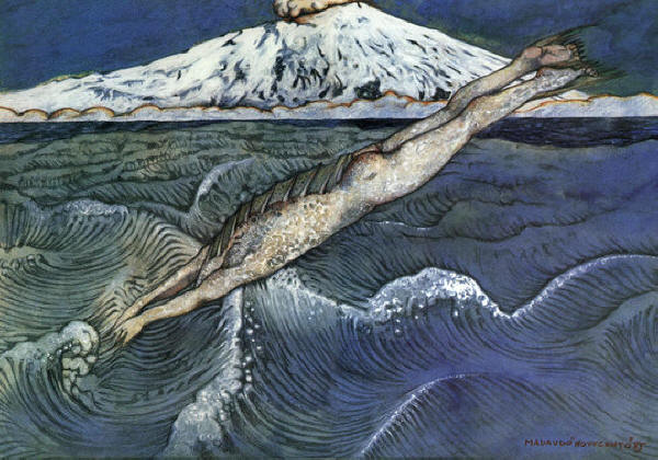 Colapesce, 1985, B. Madaudo, opera realizzata per conto delle Edizioni Novecento. In questo quadro viene rappresentato Colapesce, mezzo uomo e mezzo pesce, mentre si tuffa nello Stretto di Messina (l